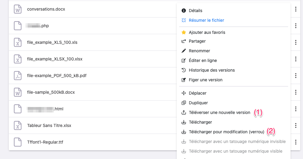 Versioning étendu à tous les fichiers (1) et Téléversement d'une nouvelle version de fichier (2).