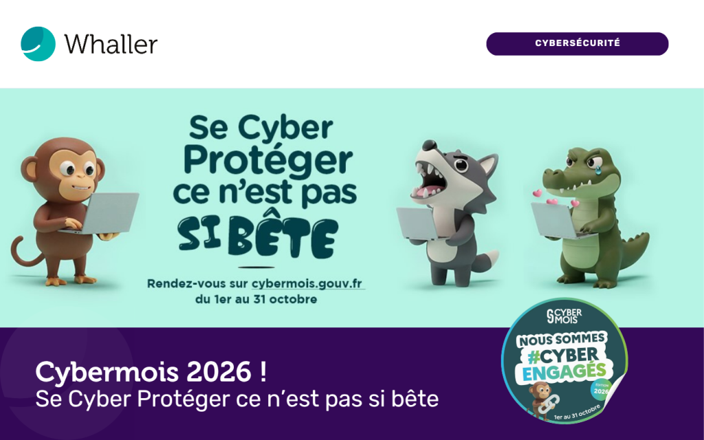 Visuel du Cybermois 2026 prÃ©sentant un singe, un loup et un crocodile utilisant un ordinateur, avec le slogan âSe cyberprotÃ©ger, ce nâest pas si bÃªteâ.